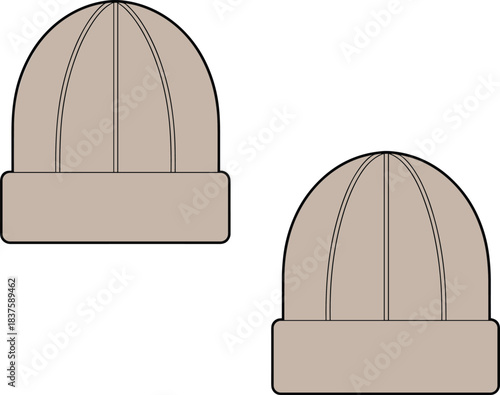 Technical flat sketch of winter hat, folded brim seam line design, fashion template, garment construction drawing, apparel illustration, vector outline, cozy accessory