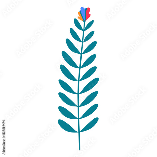 A charming and simplistic botanical illustration featuring a slender stem with teal leaves and a tiny burst of colorful abstract flowers, evoking a sense of whimsical nature and growth