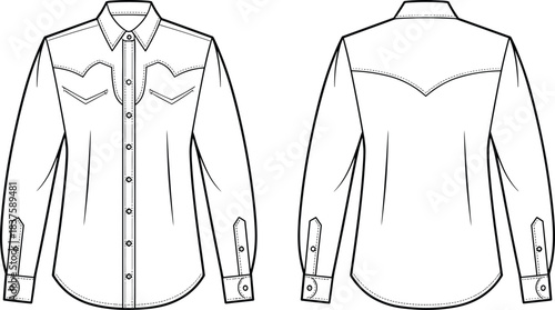 Technical flat sketch of western shirt, pointed collar flap pocket yoke seam button cuff detail design, fashion template, garment construction drawing, vector outline