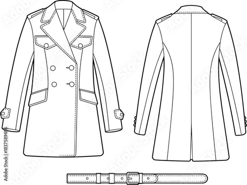 Technical flat sketch of trench coat, double-breasted flap pocket belt design, fashion template, garment construction drawing, apparel illustration, vector outline, epaulet detail
