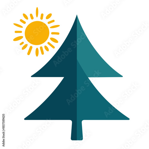 A simple vector illustration of a pine tree with a bright sun shining behind it, representing nature and good weather