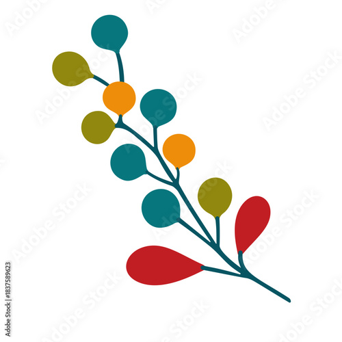 A stylized illustration of a branch with colorful berries and leaves, a decorative graphic element