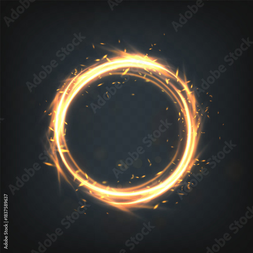 Vector illustration. Fire spark halo circle with flashes on dark background.