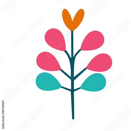 Charming conceptual vector illustration of a stylized plant with vibrant pink and teal leaves, topped by a heartwarming orange element, perfect for playful and decorative designs