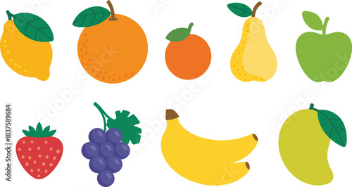 Colorful fruit cartoon illustration set, healthy food vector icons, lemon orange pear apple strawberry banana grapes mango, educational diet design for kids