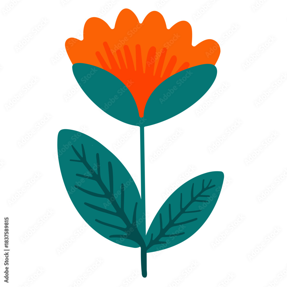 Naklejka premium Vibrant Orange Flower with Green Leaves, Stylized Botanical Illustration for Design