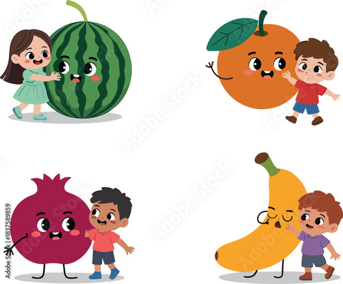 Children with anthropomorphic fruits, healthy eating cartoon illustration, smiling watermelon orange banana pomegranate characters, playful vector set, educational food art for kids