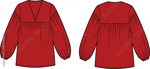 Red blouse technical sketch, gathered yoke front and back, voluminous long sleeves, relaxed silhouette, front and back view, fashion flat, garment design vector illustration