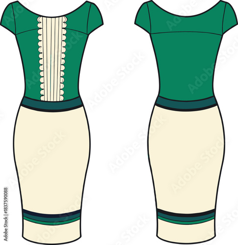 Green and cream women’s dress front and back view, fitted bodice, pencil skirt, lace and pleat detail, fashion vector illustration for clothing design
