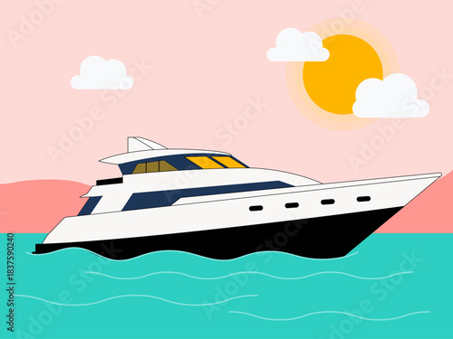 Motor yacht on the water under a sunny sky. Yacht vector illustration. Flat illustration concept.