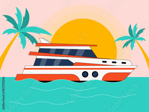 Cruise ship sailing in the sea at sunset. Yacht vector illustration. Flat illustration concept.