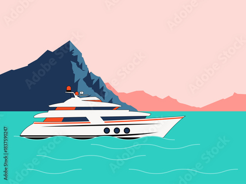 Yacht cruising in the sea with mountains in the background. Yacht vector illustration. Flat illustration concept.