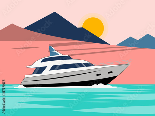 Vessel motor powered yacht at sea. Yacht vector illustration. Flat illustration concept.