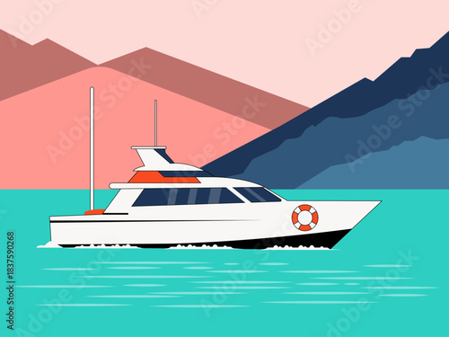 Motor yacht on the water under a sunny sky. Yacht vector illustration. Flat illustration concept.