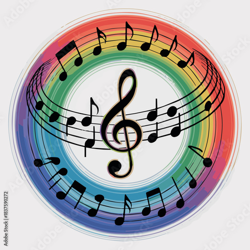 Colorful musical notes with treble clef and rainbow background for music education and performance art