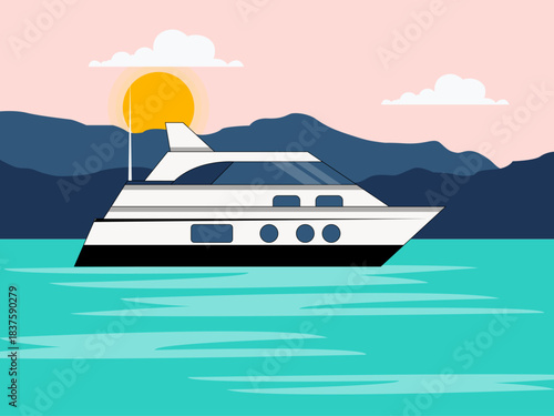Motor yacht on the water. Yacht vector illustration. Flat illustration concept.