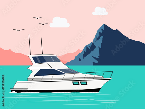 Luxury yacht in a scenic location with mountains and birds. Yacht vector illustration. Flat illustration concept.