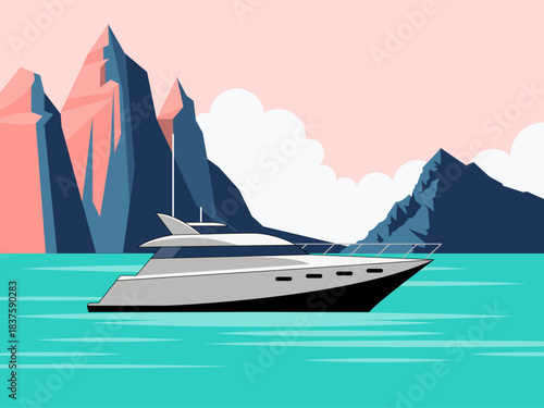 A power-driven yacht used for recreation with a mountainous backdrop. Yacht vector illustration. Flat illustration concept.