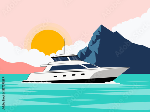 Motor yacht on the water, with a large mountain or island in the background. Yacht vector illustration. Flat illustration concept.