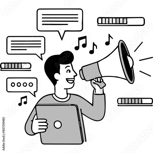 Man With Megaphone And Laptop Announcing With Speech Bubbles And Bar Graphs On Black Background