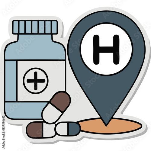 Medical Pill Bottle And Location Pin With H Symbol Representing Healthcare Services And Pharmacy Location In A Simple Flat Icon Style With Clean Lines And Soft Shadows