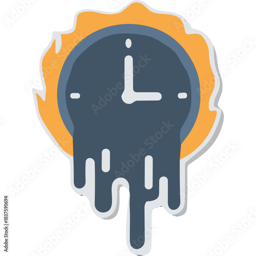 Melting Clock Illustration Representing Time Distortion and Urgency with Fiery Orange Halo and Dripping Effect