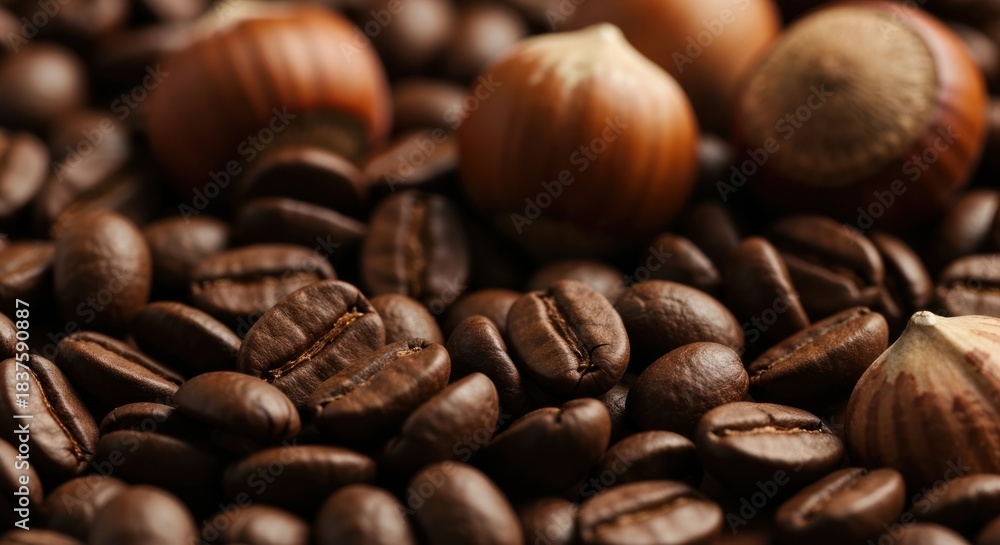 Naklejka premium Roasted coffee beans mingle with whole, shelled hazelnuts