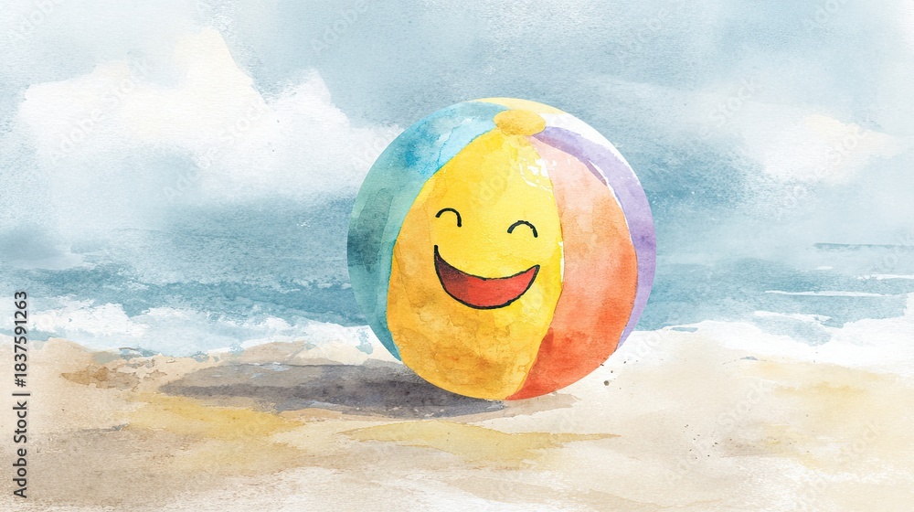 Naklejka premium A colorful beach ball with a happy face rests on the sand, surrounded by gentle waves and a serene sky.