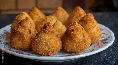 Golden Coxinhas Displayed on Plate, Close-up Shot