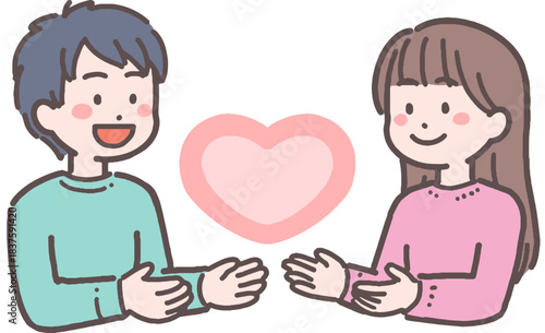 若い男女カップルがハートと向き合うイラスト