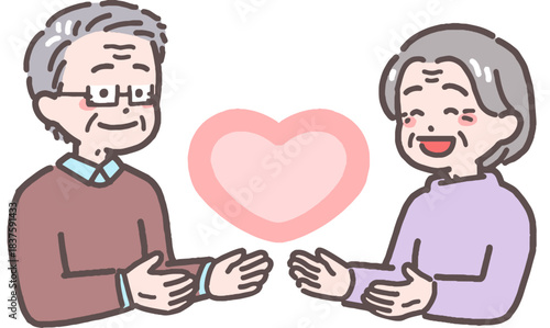 シニアの男女カップルがハートと向き合うイラスト