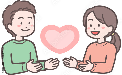 若い男女カップルがハートと向き合うイラスト