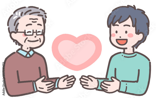 シニア男性と若い男性がハートと向き合うイラスト
