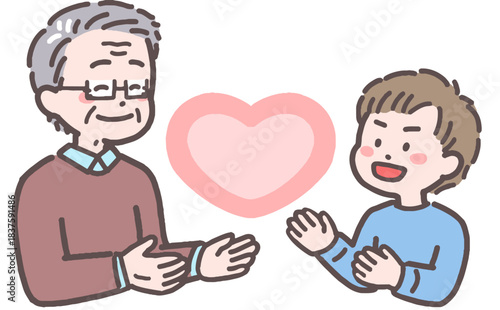 シニア男性と男の子がハートと向き合うイラスト