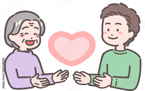 シニア女性と若い男性がハートと向き合うイラスト