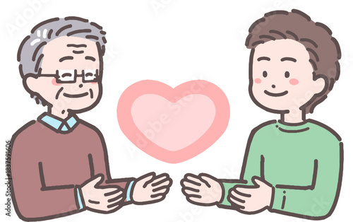 シニア男性と若い男性がハートと向き合うイラスト