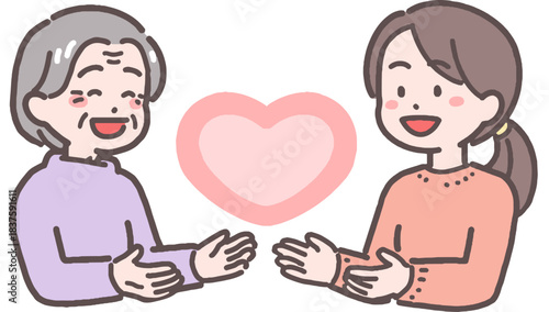 シニア女性と若い女性がハートと向き合うイラスト