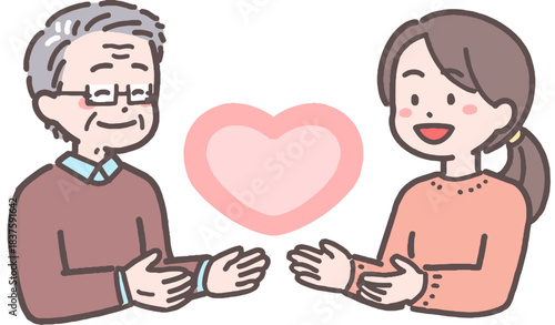 シニア男性と若い女性がハートと向き合うイラスト