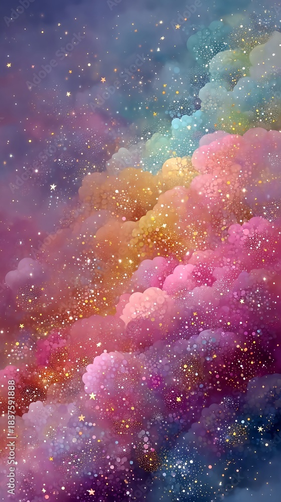 Obraz premium Glitter-filled pastel cosmos expanding infinitely with dreamy light and delicate motion