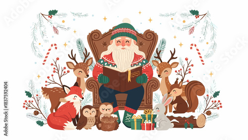Santa Claus reading a storybook to forest animals in a cozy winter Christmas scene with gifts and festive decorations.