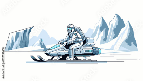 A futuristic astronaut riding a sleek snowmobile across an icy, mountainous alien landscape.