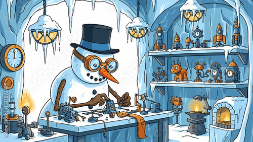 A whimsical snowman inventor in a top hat and goggles working on gadgets in his icy workshop filled with rockets and tools.