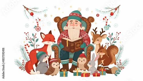 Santa Claus reading a Christmas story to forest animals surrounded by festive decorations and presents in a cozy winter scene.