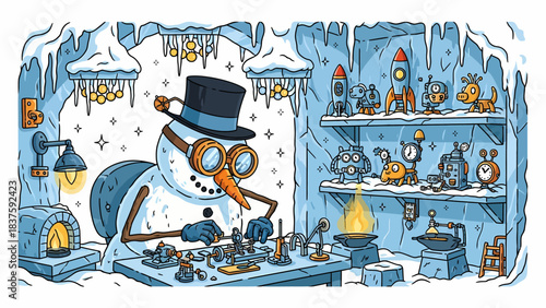 A whimsical snowman inventor meticulously crafting small mechanical gadgets in his icy workshop.