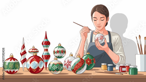 A woman meticulously hand-painting festive Christmas ornaments with intricate designs on a wooden table, surrounded by various finished and unfinished decorations.