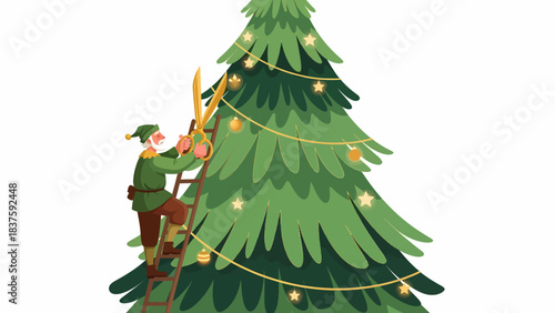 An elf on a ladder decorating a large green Christmas tree with golden lights and ornaments.