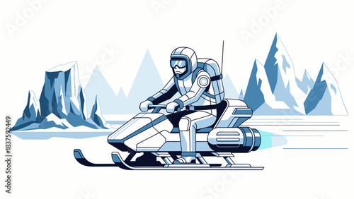 Futuristic explorer riding a high-tech snowmobile through an icy arctic landscape with mountains.