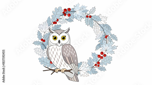 An illustration of a wise owl perched on a branch, framed by a beautiful winter wreath with blue leaves and red berries.