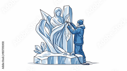 A person in winter attire meticulously carves a large, intricate ice sculpture of a stylized figure with flowing forms and sharp details.