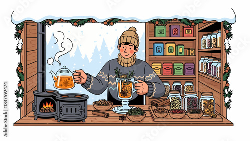 A cozy winter market stall with a vendor pouring hot spiced tea from a teapot into a mug, surrounded by various tea ingredients and warm stoves.